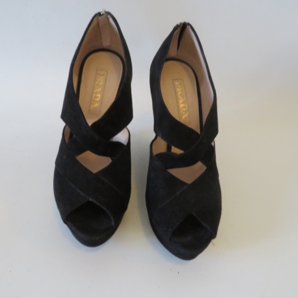 PRADA BLACK SUEDE OPEN TOE WEDGE SANDALS SIZE 37.5 - Picture 2 of 6